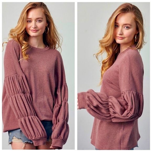 Women’s Boho Chic Raspberry Mauve Shirred Lantern Long Sleeve Solid Top Sz Large - Picture 1 of 4